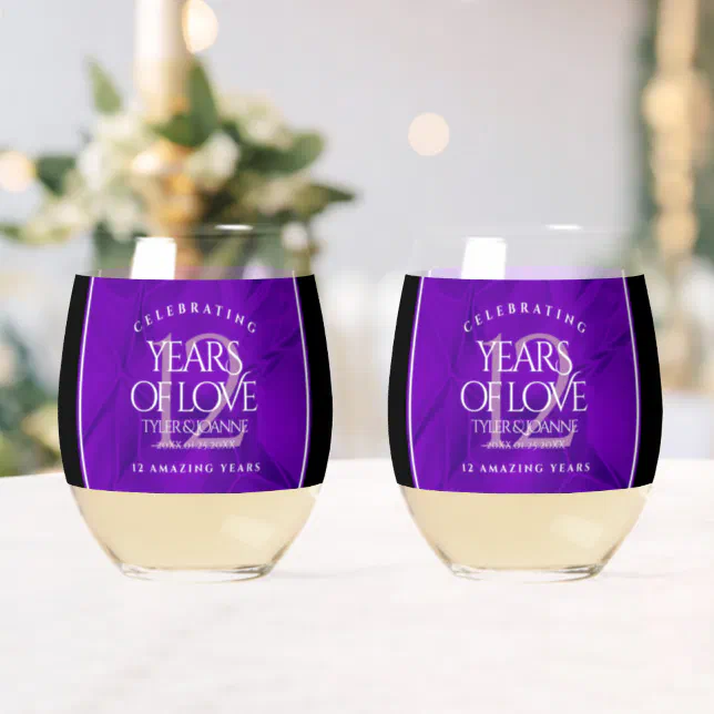 Elegant 12th Silk Wedding Anniversary Celebration Stemless Wine Glass