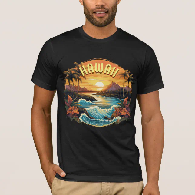 Vintage Art Sunset at Hawaii Beach Mountains T-Shirt