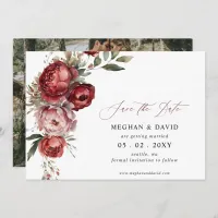 Elegant Boho Burgundy Blush Floral Photo Save The Date