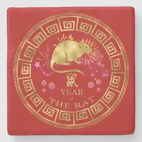 Chinese Zodiac Rat Red/Gold ID542 Stone Coaster