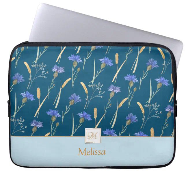 Blue Floral Wildflower Monogram Laptop Sleeve