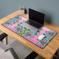 Pink and Blue Dragonflies and Flowers Mandala Desk Mat