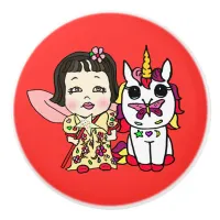 Red Whimsical Folk Art Asian Fairy and Unicorns Ceramic Knob