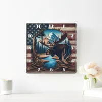 Moose in Front of Mountain and American Flag Square Wall Clock