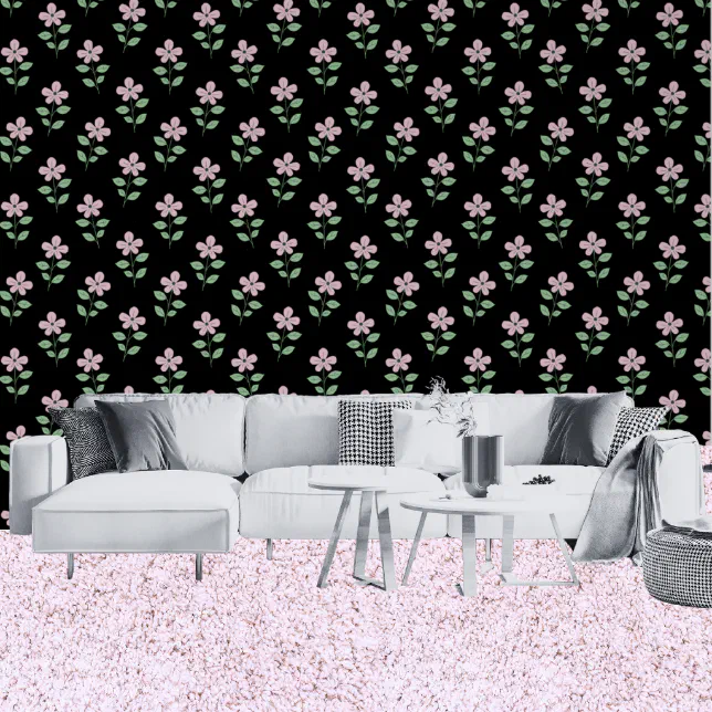 Traditional Pink Flowers Black Floral Pattern  Wallpaper