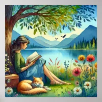 Girl Reading a Book under a Tree with a Sleepy Cat Poster