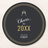 Modern New Year Company Logo Black Greek Key Round Paper Coaster