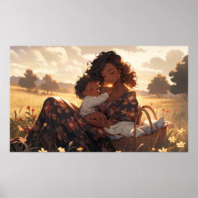 Anime mother in a morning meadow poster