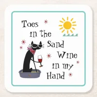 Toes in the Sand Wine in My Hand Funny Beach Cat Square Paper Coaster