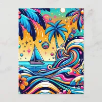 Fun Whimsical Psychedelic Sailboat  Postcard