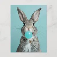 Adorable Rabbit Chewing Blue Bubble Gum Postcard