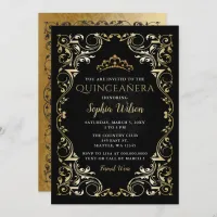 Vintage Black Gold Princess Tiara Quincea&#241;era   Invitation