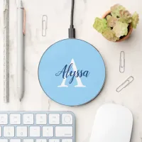 Calm Blue Monogram Script Wireless Charger