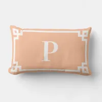 Peach and White Greek Key Border Monogram Lumbar Pillow