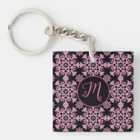 Pretty Pink Black Floral Leaves Filigree Monogram  Keychain