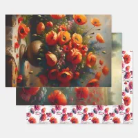 Red Poppies Floral Birthday Wrapping Paper Sheets