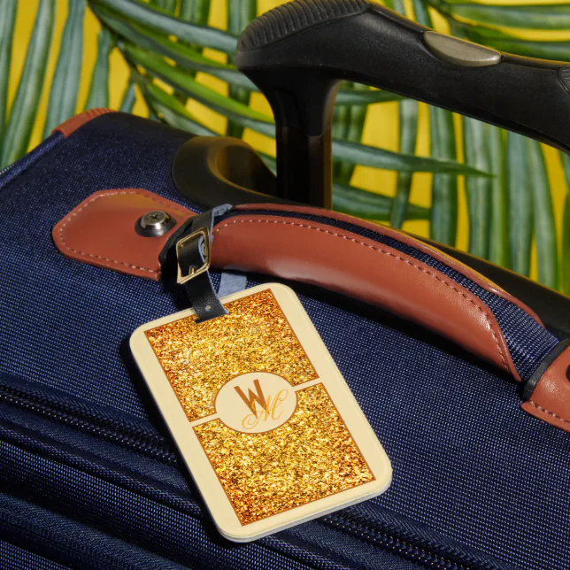 Elegant Orange Yellow Glitter Monogrammed  Luggage Tag