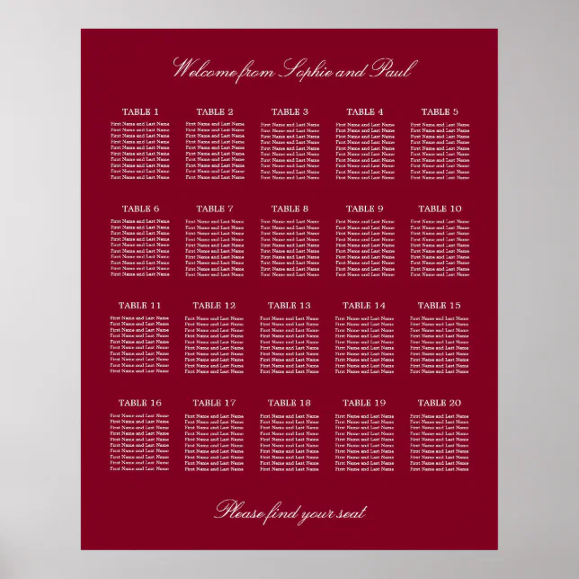 Burgundy 20 Table Wedding Seating Chart Poster