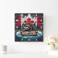 Canadian Beaver With Canadian Flag Background Square Wall Clock