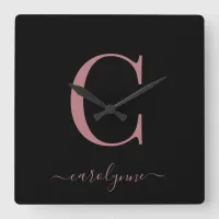 Modern Minimalist Rose Gold Monogram Script Name Square Wall Clock