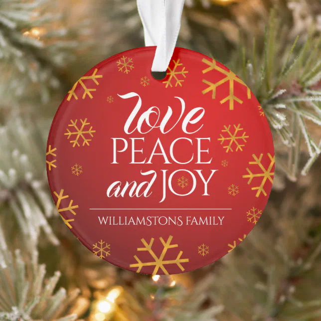 Festive Red Love, Peace, and Joy with Snowflakes Ornament