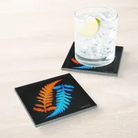 Electric Blue Fiery Orange Japanese Painted Ferns Glass Coaster