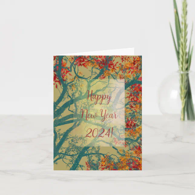 Happy New Year green tree red leaves Card