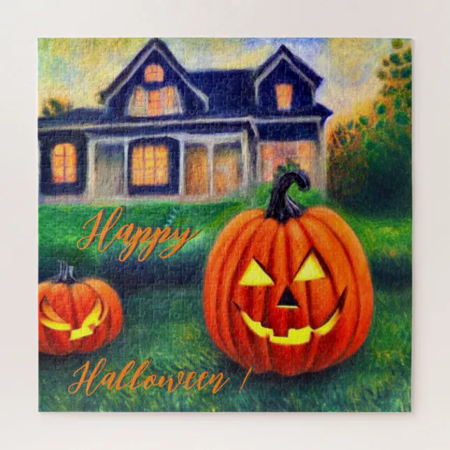 Happy Halloween - pumpkins in front of a house  Jigsaw Puzzle