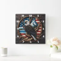 American Eagle Perched Against Scenic Background Square Wall Clock