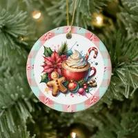 Watercolor Hot Cocoa, Candy Canes Christmas Ceramic Ornament