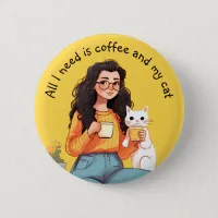 Happiness is Coffee & Cat Cute Yellow Button