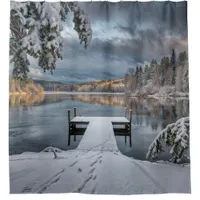 Beautiful winter lake scene shower curtain