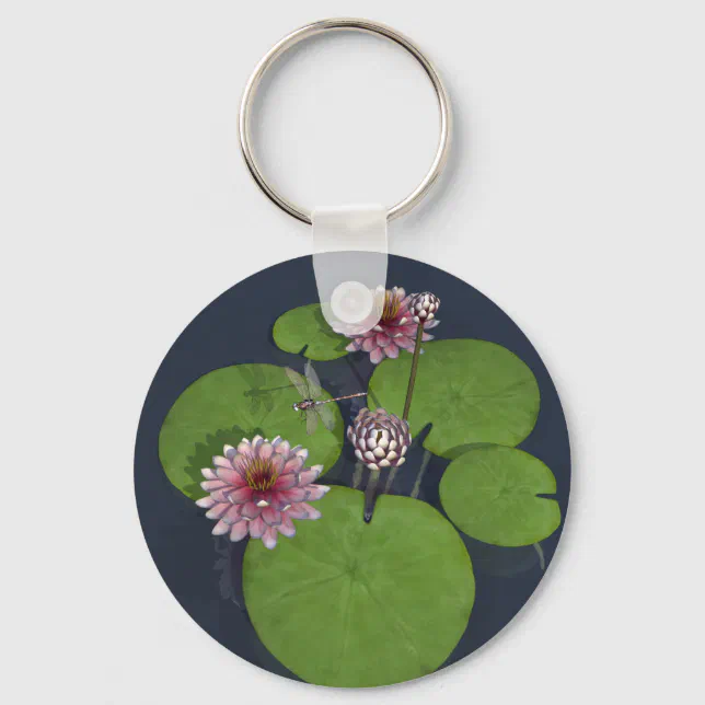 Pretty Pink Water Lily and Dragonfly Keychain