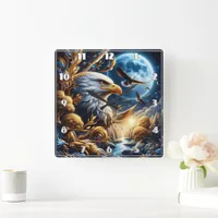 Eagle Perched on Branch Under Moonlit Sky Square Wall Clock