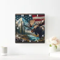 Moose Near River With Mountains and Flag Square Wall Clock