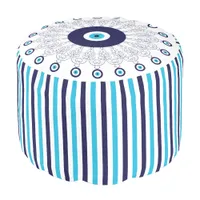 Mediterranean Navy Aqua Evil Eye Mandala Striped Pouf