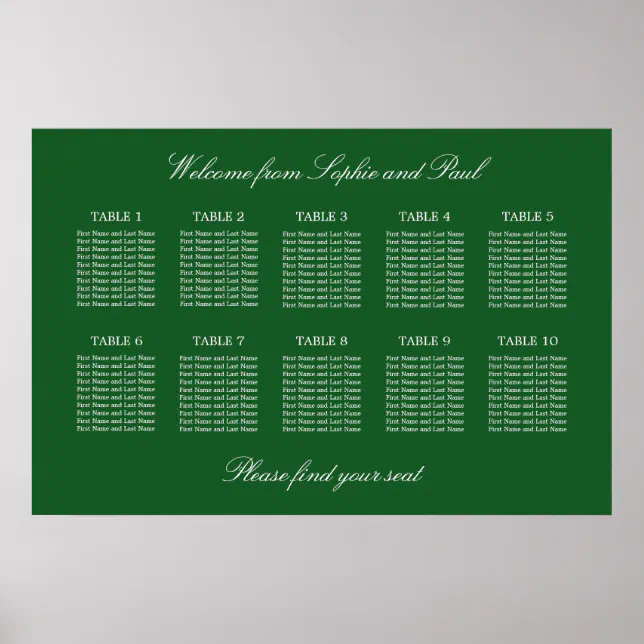 Dark Green 10 Table Wedding Seating Chart Poster