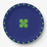 Lucky Geometric Four-Leaf Clovers on Blue Paper Plates