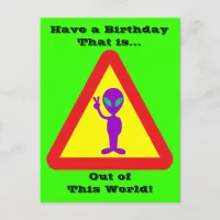 Funny Alien Warning Caution Sign Birthday Postcard