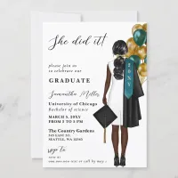 Modern Teal Gold Photo She Did It Graduation Invitation