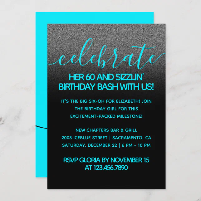 Modern Girly Ice Blue 60 and Sizzlin' Invitation