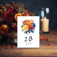 Blue, Orange, Yellow, and Red Floral Wedding Table Number