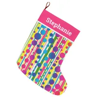 [Beatnik Bubbles] Retro Polka Dot Striped Pink Large Christmas Stocking