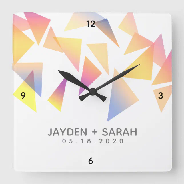 Pastel Triangle Confetti on White Wedding Square Wall Clock