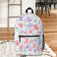 Elegant Hand-Painted Watercolor Pink Purple Roses Printed Backpack