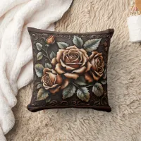 Intricate Wood Carving of Elegant Roses Throw Pillow