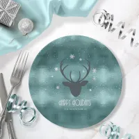 Deer Antlers Silhouette & Snowflakes Teal ID861  Paper Plates