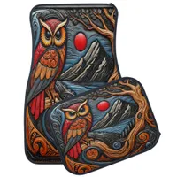 Colorful Owl Art With Mountain and Sun Landscape Car Floor Mat