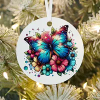 Blue Butterfly and Flowers  Personalized Christmas Metal Ornament