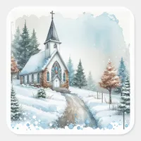 Church on a Winter Day | Watercolor Christmas Square Sticker